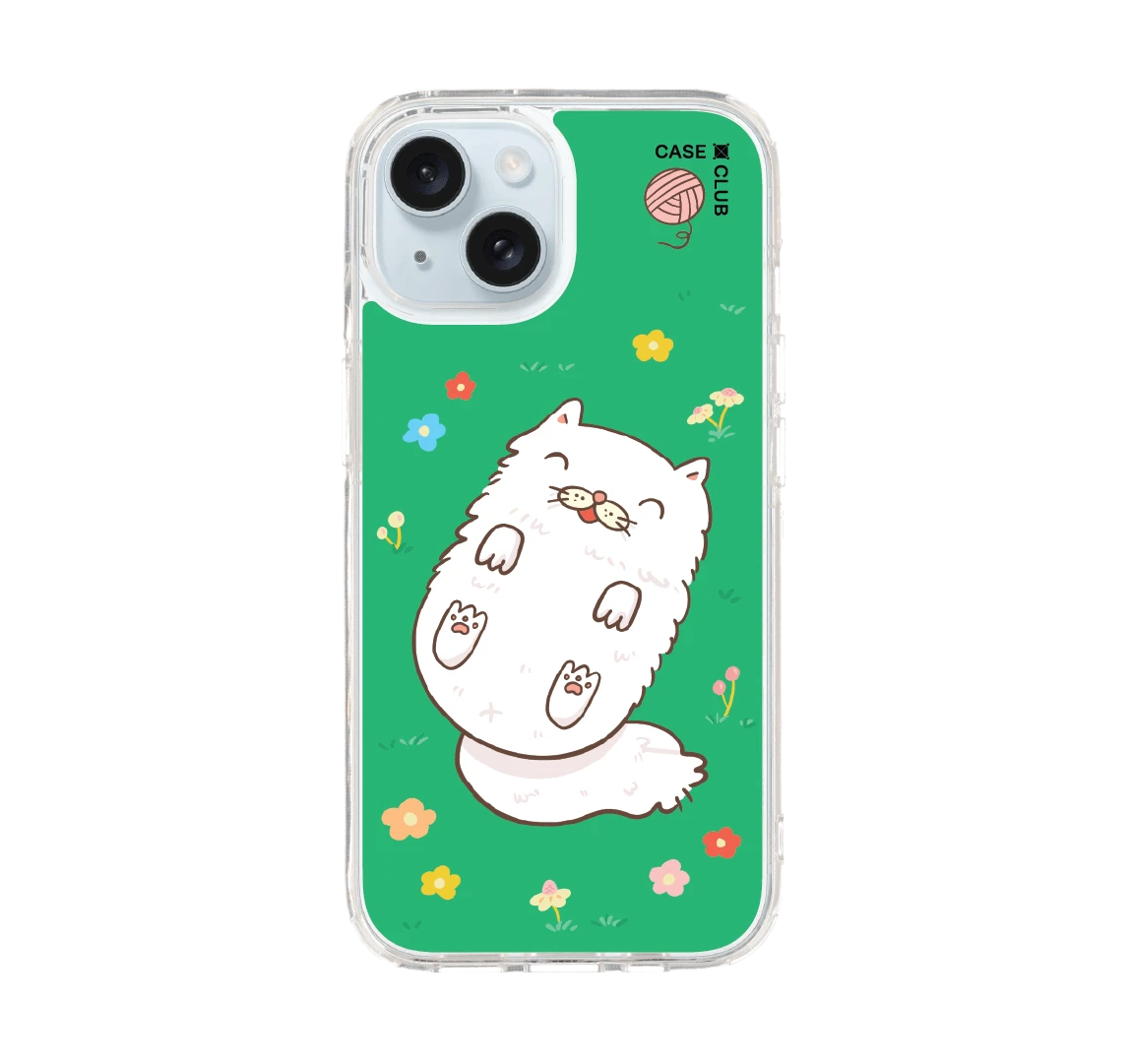 เคสใส iphone 15 แมวเปอร์เซียในสวนดอกไม้สีเขียว